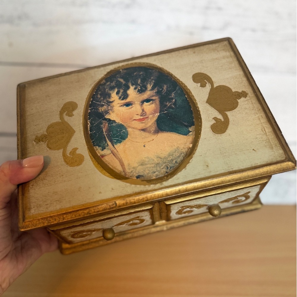 Vintage Wooden Jewelry Music Box Gold Cream Portrait Red Velvet Mirror Box
